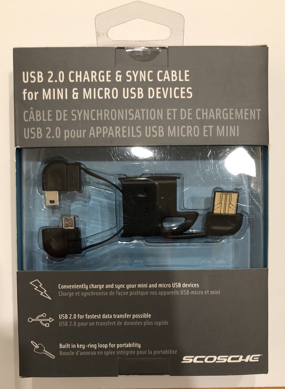 NEW Scosche Keychain USB 2.0 Charge & Sync Cable for Mini & Micro USB Devices