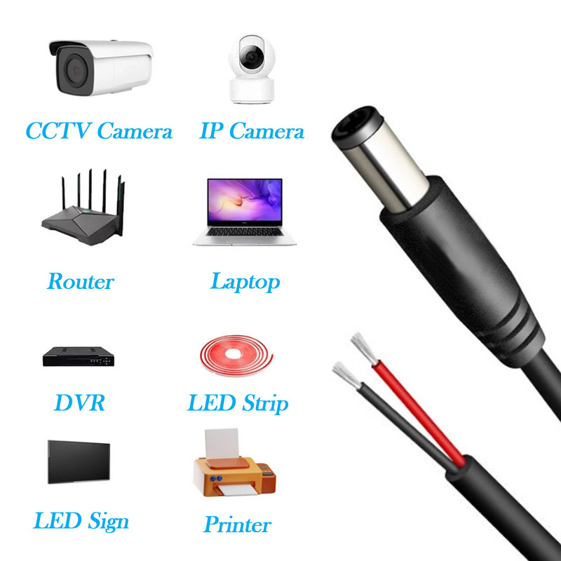 250pcs 18AWG DC 5.5x2.1mm Male Plug to Pigtail Cable 1FT/03M 7A for CCTV Camera gallery