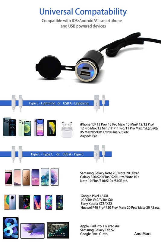 Motorcycle SAE to USB Adapter Cable 36W PD USB C QC 3.0 Waterproof Dual Kit gallery