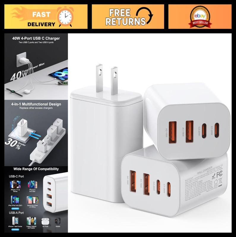 40W USB C Charger Block 3-Pack, Fast Charging 4-Port PD & QC Power Adapter, iPho