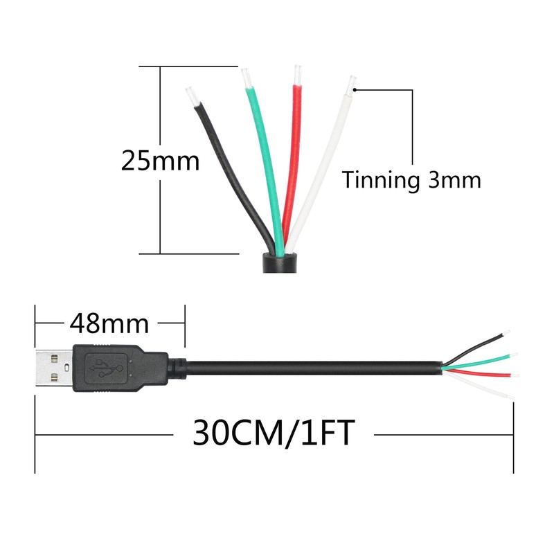 USB A Male to 4 Pin Bare Wire, 4 PCS, 11 inch, 22AWG, 5V/3A, Pigtail DIY Cable gallery