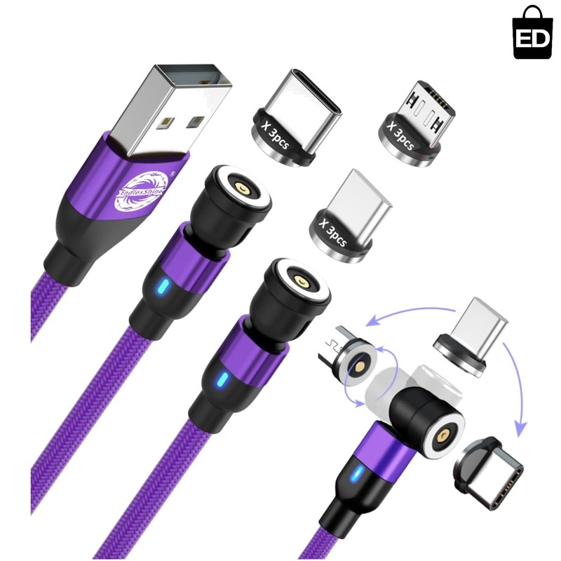 Magnetic Charging Cable 3 Pack: 3.3/6.6FT, 360° Rotation & LED Light – Purple
