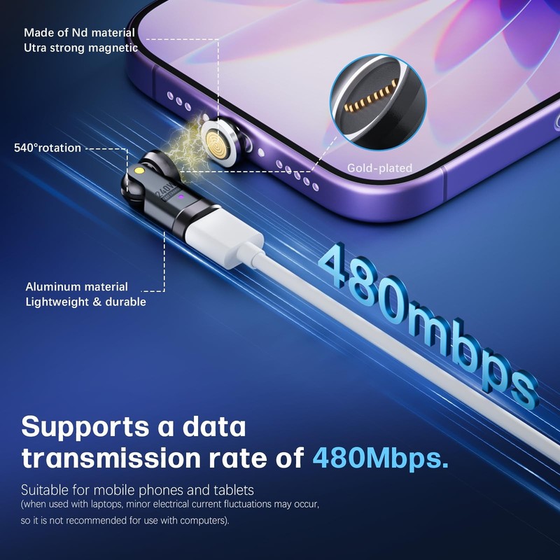 Magnetic USB C to C Adapter, 240W PD Fast Charging 480Mbps Data 9-Pin Breakaw... gallery