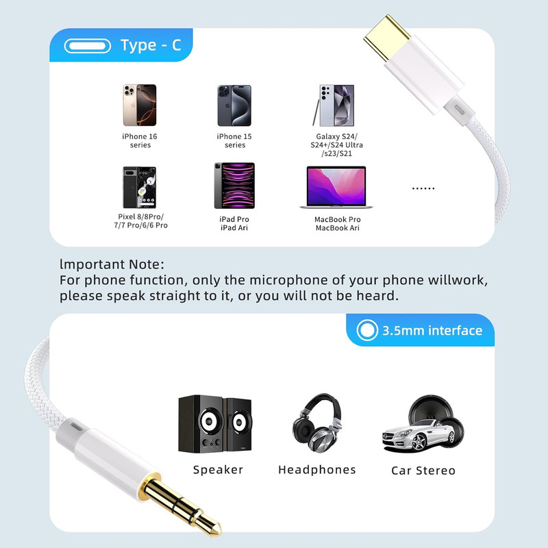 3.3Ft USB Type C to 3.5Mm Audio Aux Jack Cable, Compatible with Iphone 16/15 Pro gallery