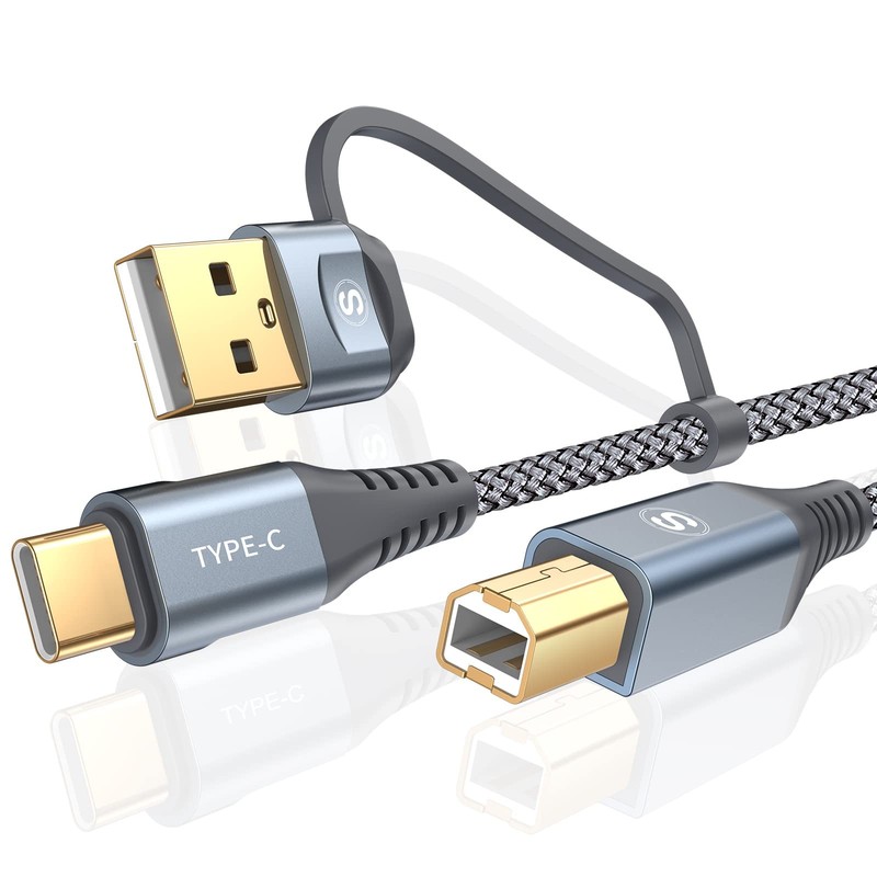 Printer Cable 2-in-1 USB-A/C to USB-B Cable 10FT, USB C MIDI Cable Braided Hi…