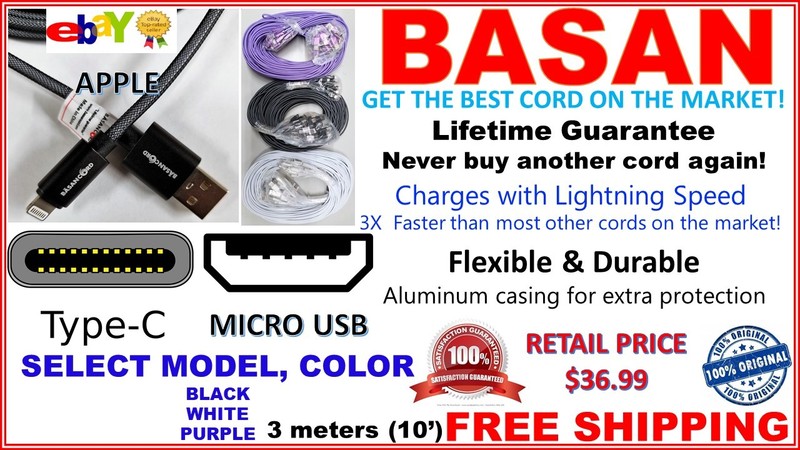 10FT 3M CELLPHONE CHARGER DATA CABLE NEVER BUY ANOTHER AGAIN, LIFETIME GUARANTEE