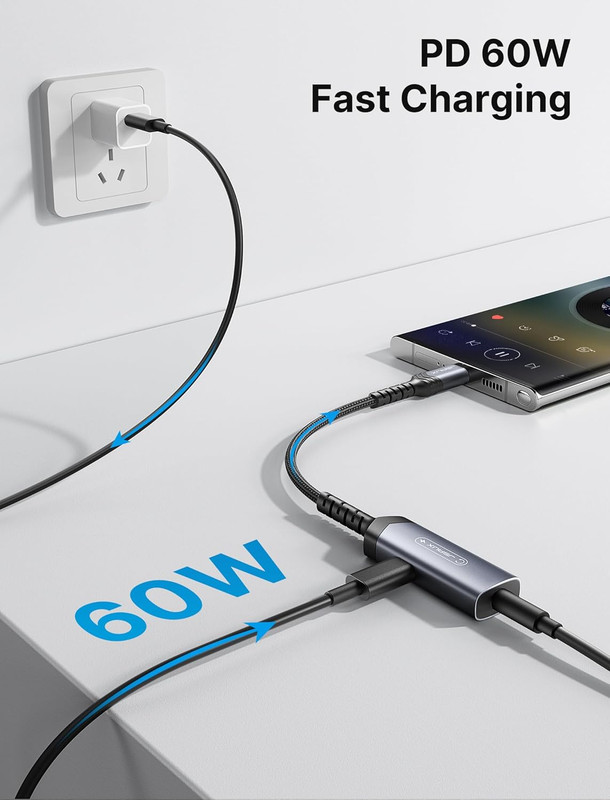 USB C to 3.5Mm Headphone and Charger Adapter, 2-In-1 AUX Mic Jack with PD 60W Fa gallery