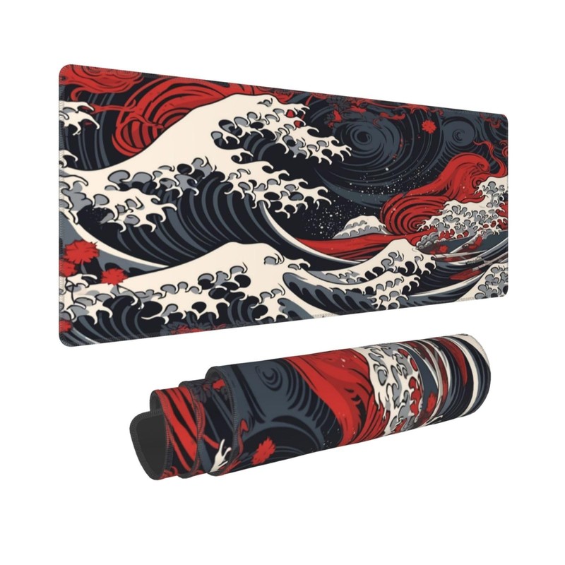 Abstract Japanese Wave Gaming Mouse Pad XL, Large Non Slip Rubber Mousepad, S…