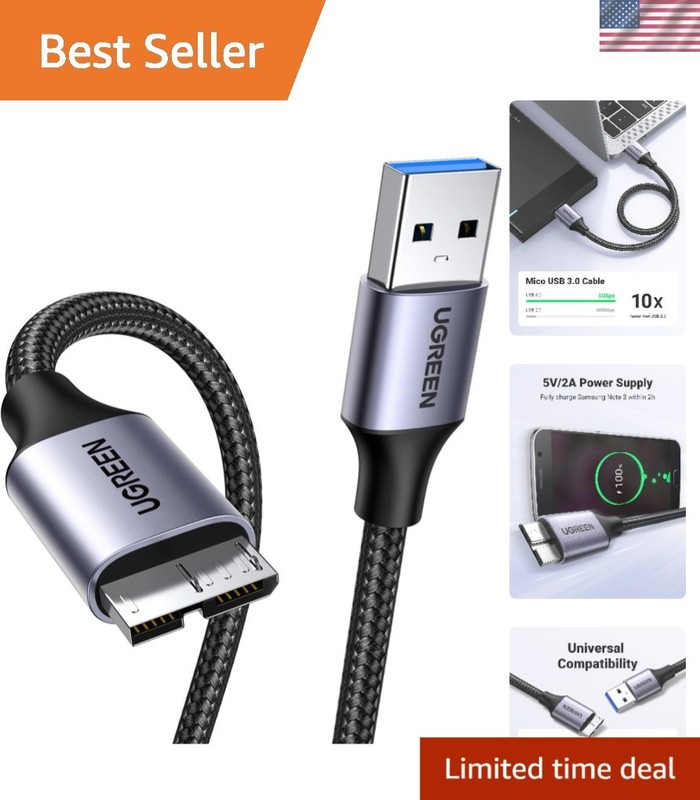 Micro USB 3.0 Nylon Braided External Hard Drive Cable, Grey, 1.5 FT