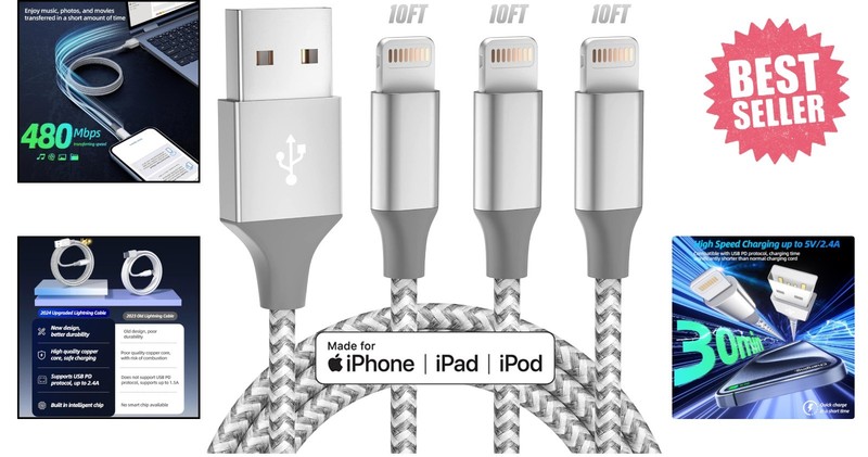 iPhone Charger 3pack 10FT Apple MFi Certified Long Lightning Cable Fast Charging gallery