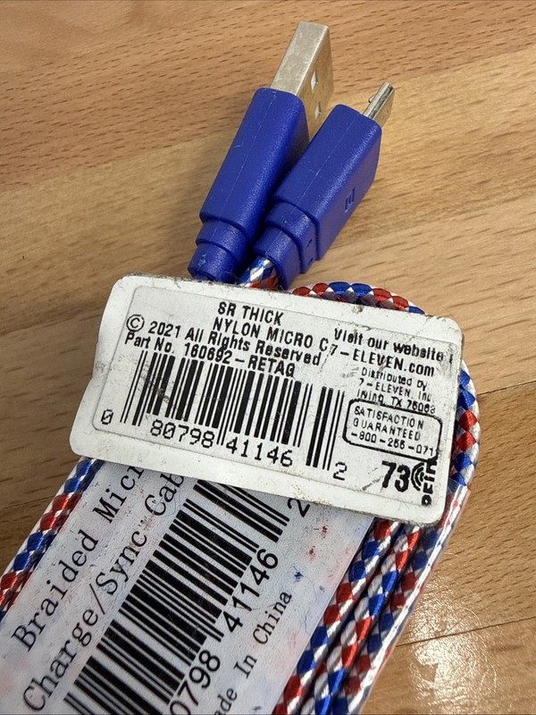 7-Eleven Braided Micro USB Charge & Sync Cable - Red, White & Blue Nylon - 3ft gallery
