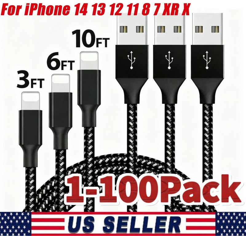 Braided USB Cable For iPhone 14 13 12 11 8 7 XR X Lot Fast Charger Charging Cord