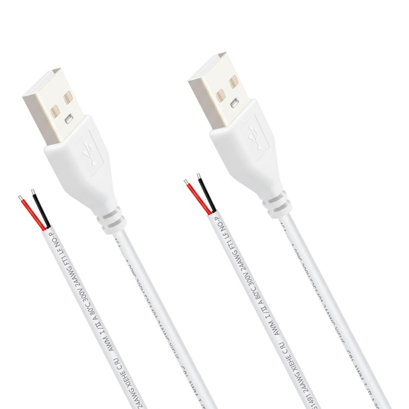 2 Pack USB 2.0 Male 2 Pin Pigtail Cable 1.64ft 24AWG 5V Extension DIY White