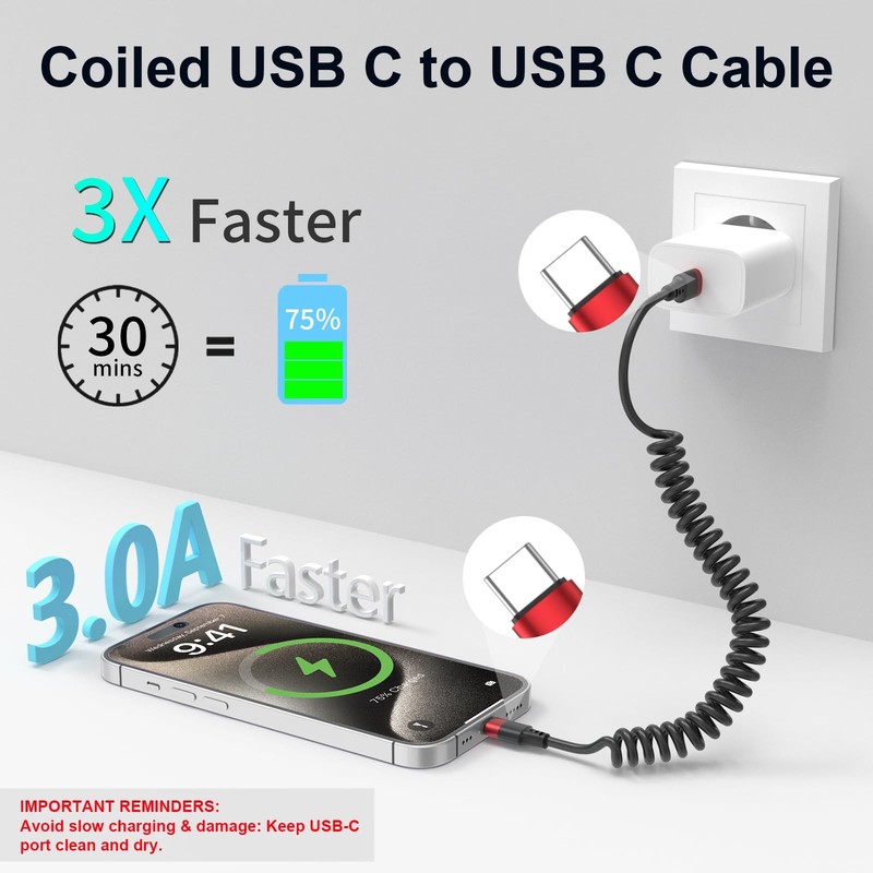 Coiled USB C to C Cable, 2 Pack 3FT USBC Car Charger C-C, Black gallery