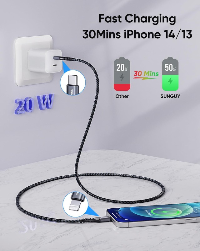 SUNGUY USB-C to Lightning Cable 2FT, 2-Pack [MFi Certified] iPhone Grey gallery