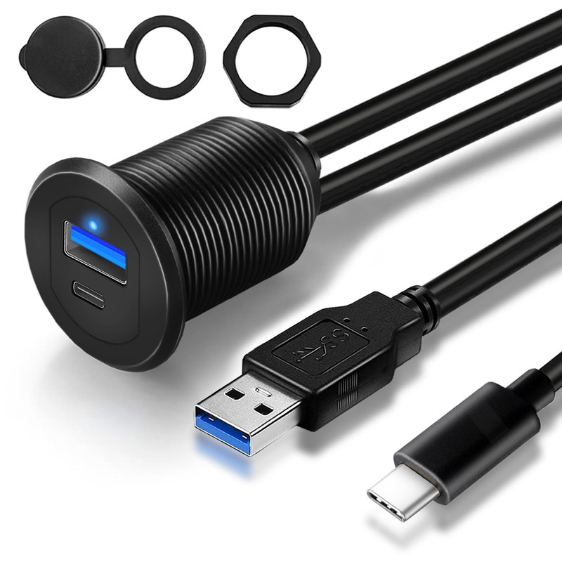 Type C 3.1 & USB 3.0 Car USB Port Mount Flush Cable Male to Female, Dashboard Pa