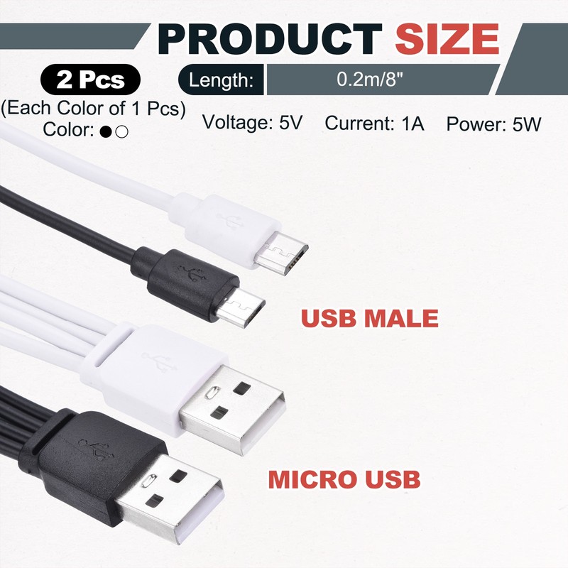 2Pcs Multi Charging Cable, 4 in 1 USB A to Micro USB Splitter 8", Black White gallery