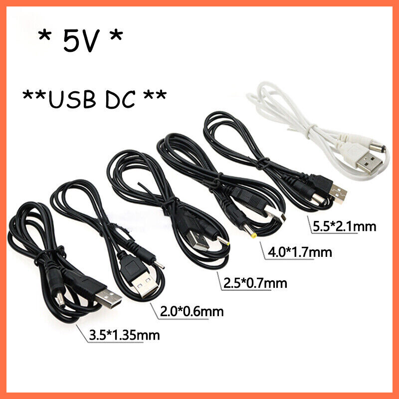 USB DC 5V Jack Charger Power Cable For Plug Adapter 5.5mmx2.1mm & 3.5mmx1.35mm