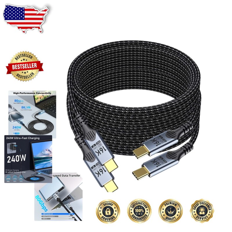 Braided USB C Cable 10ft (2pk): 80Gbps, 16K/8K Video, 240W PD Charge