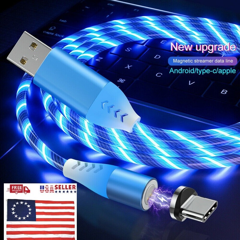 LED Type C Charger 3in1 Micro USB Glowing Flowing IOS Magnetic Phone Cable- BLUE