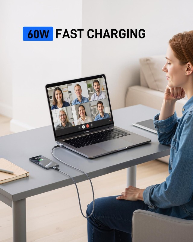 60W Fast Charging USB A to USB C Cable 6FT [2 Pack] - Durable Braided Charger fo gallery