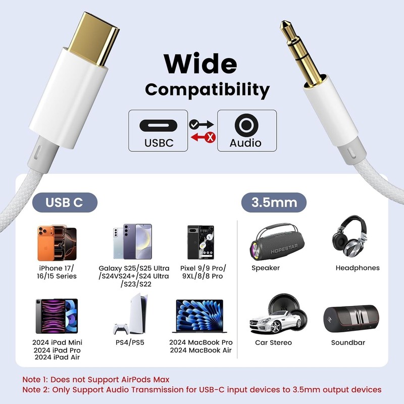 Aux to USB C,Aux Cord to USB C to 3.5mm Audio Headphone Jack Adapter [2 Pack,4Ft gallery