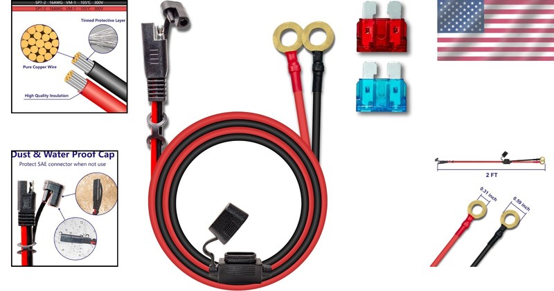 16AWG Waterproof Motorcycle Battery Cable - 2FT Extension with O-Ring Terminals gallery