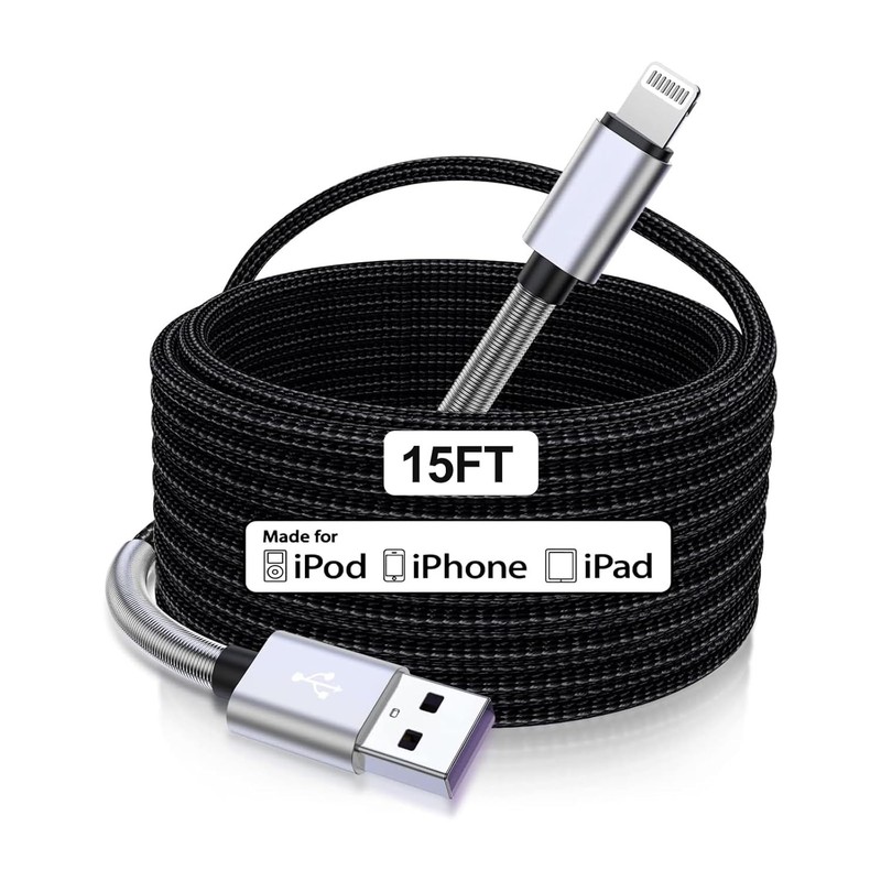 Cabepow 15 FT Extra Long iPhone Charger Cord,[Apple MFi 15 FT-1Pack, Silver
