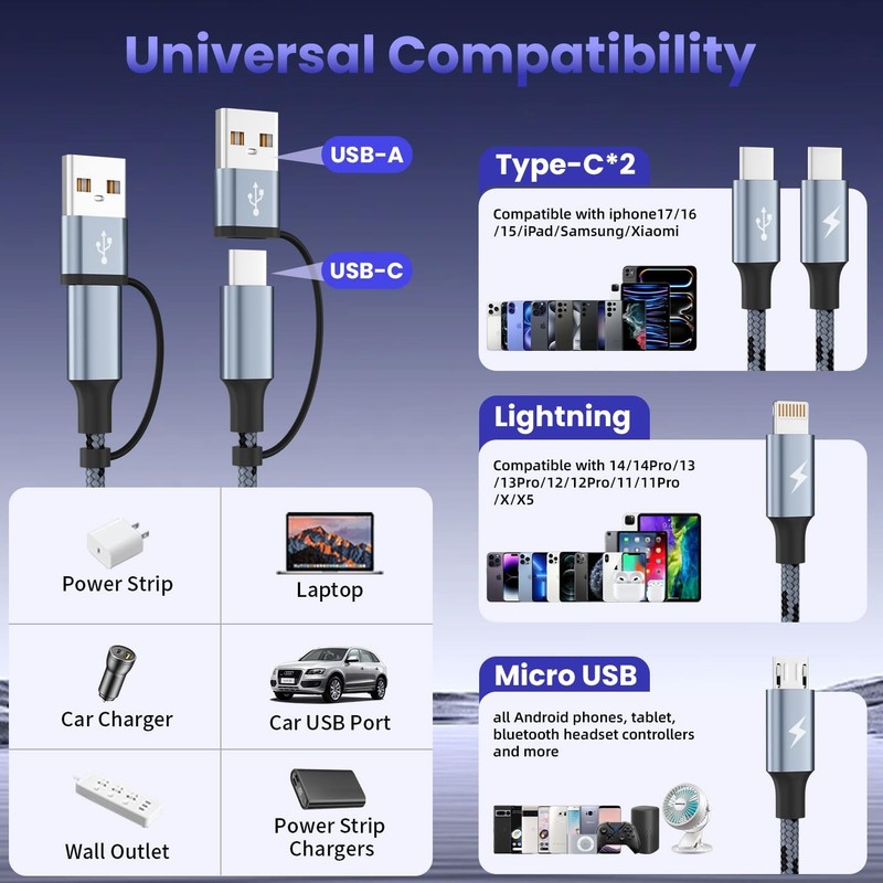 Multi Connector Charging Cable 2 Pack 5FT 4 in 2 gallery