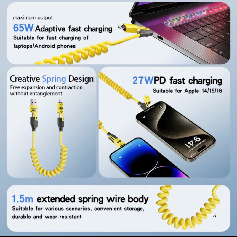 USB C Multi Fast Charging Cable PD 60W Spring cord 4-in-1 gallery