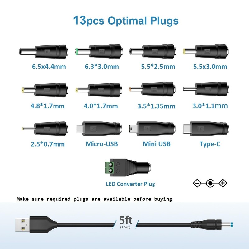 Lightweight 5ft USB to DC Power Cord for 5V Devices - 13 Adapter Plugs Included gallery