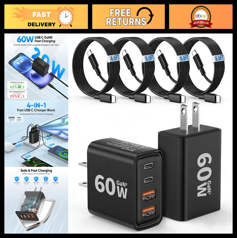 2Pack 60W GaN USB C Fast Charging Block, 4-Port Wall Charger & 6.6FT Cable for i
