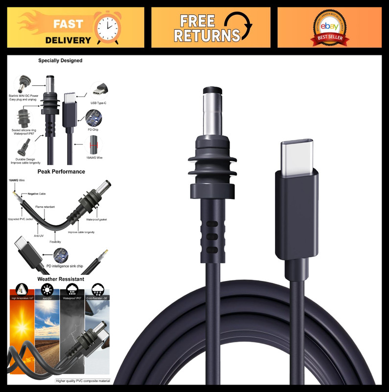 USB C to DC Power Cable 3.2ft, Waterproof Type-C to DC Male, 65W PD 20V Compatib
