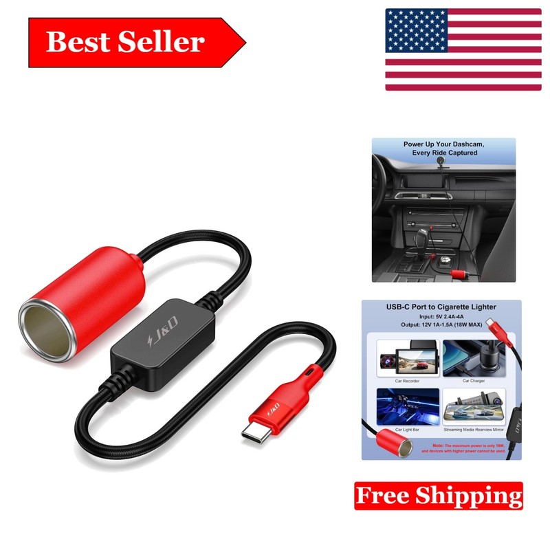 USB C to Car Cigarette Lighter Converter — 12V, 18W Power Cable, 5ft
