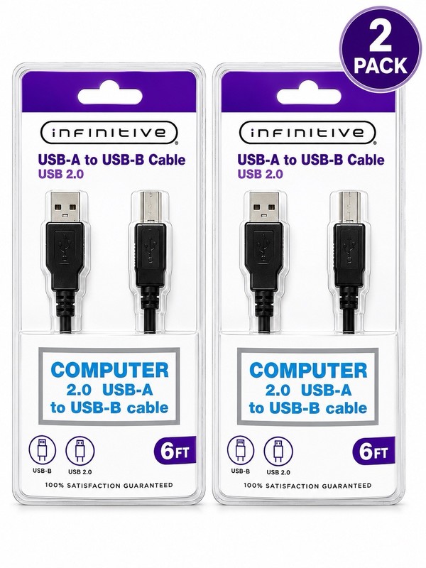 (2 Pack) Infinitive USB-A To USB-B 6Ft Cable USB 2.0 – 1ct Each M20