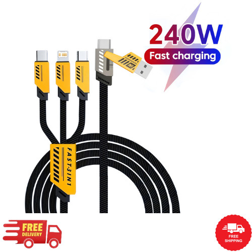 3 In 2 240W Fast Charging Cord For Micro USB Type C Charger Cable 1.2m Multi Usb