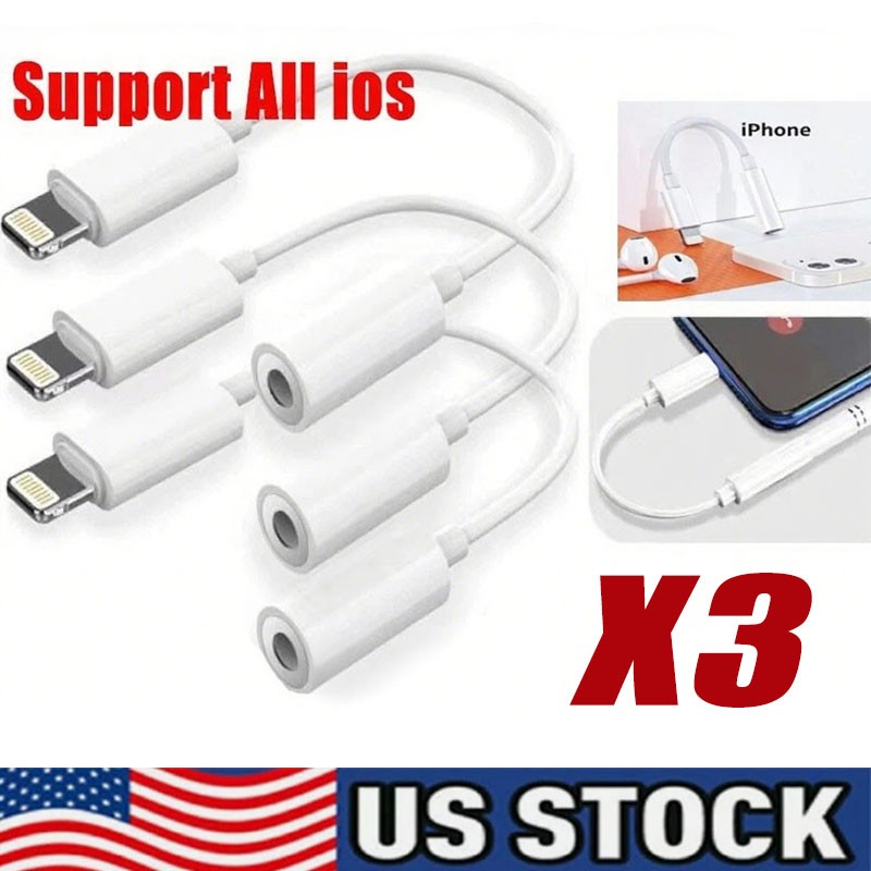 3Pack For iPhone Headphone Adapter Jack 8Pin to 3.5mm Aux Cord Dongle Converter