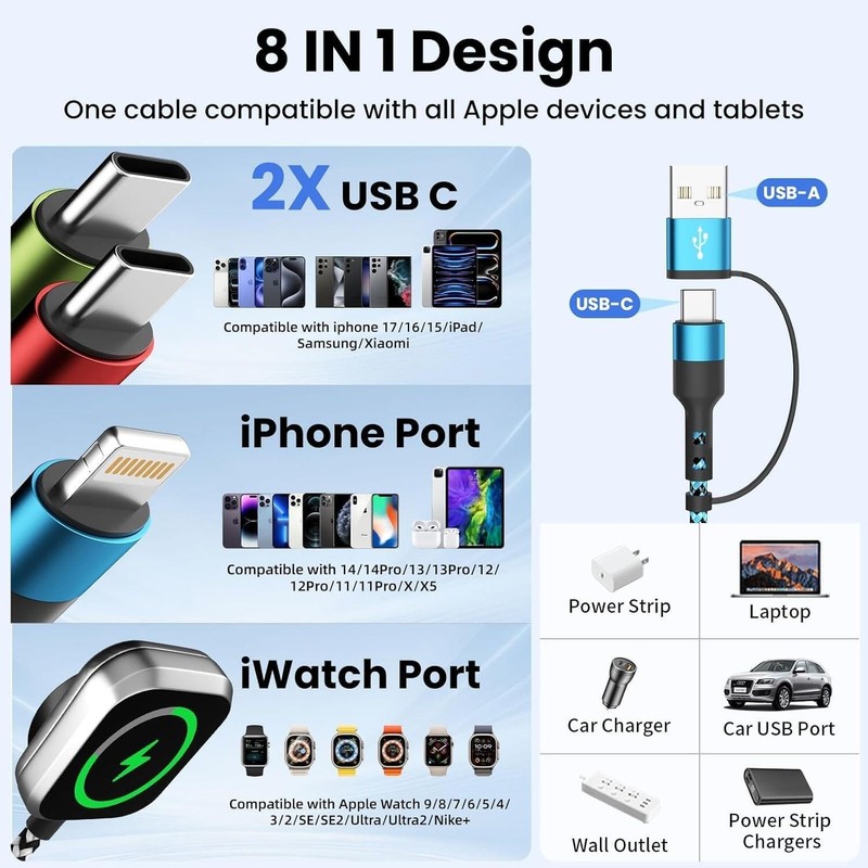 Travel Essentials 4 in 2 Multi Charging Cable for iWatch Charger, 1Pcs 5FT gallery