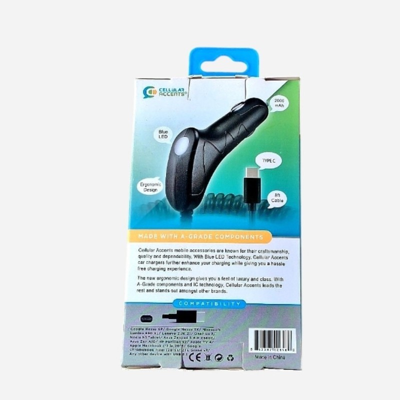 Cellular Accents USB-C Car Charger 2A 8ft Coiled Cable Blue LED Type-C gallery