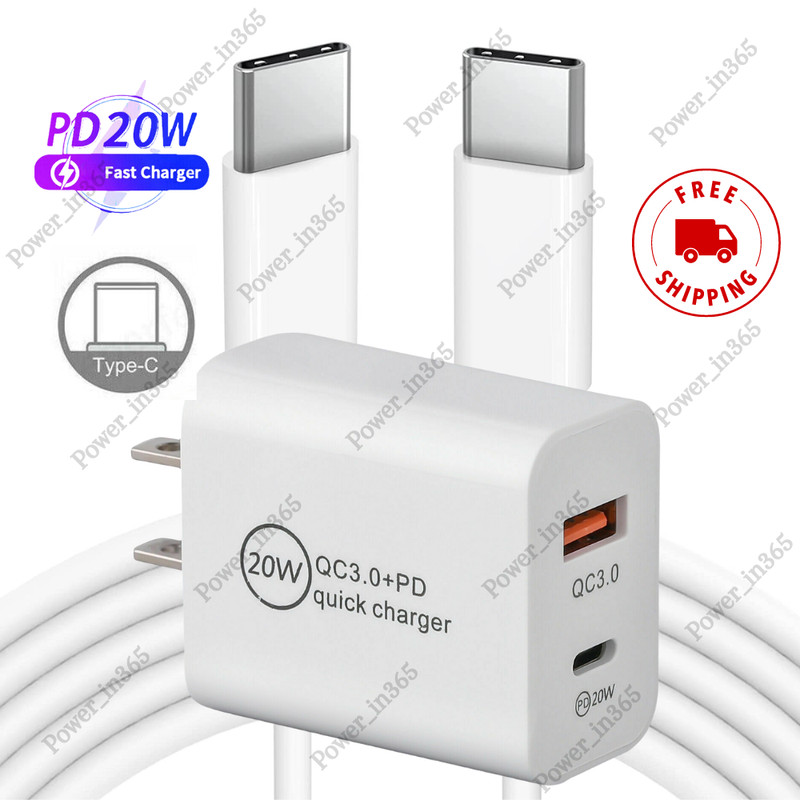PD 20W QC 3.0 Power Adapter Fast Charger For Android iPhone 15 USB Type C Cable