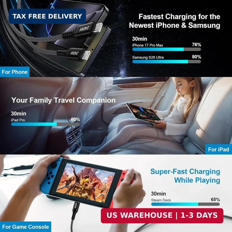 USB C to USB C Cable, [3-Pack, 10FT] 240W Fast Charging Type C Charger Cord, C t gallery