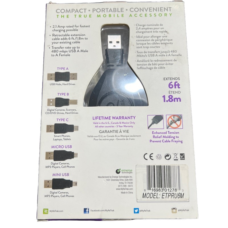 Emerge Tech ETPRU6M Universal USB Extension Retractable Cord, Black, 6 feet gallery