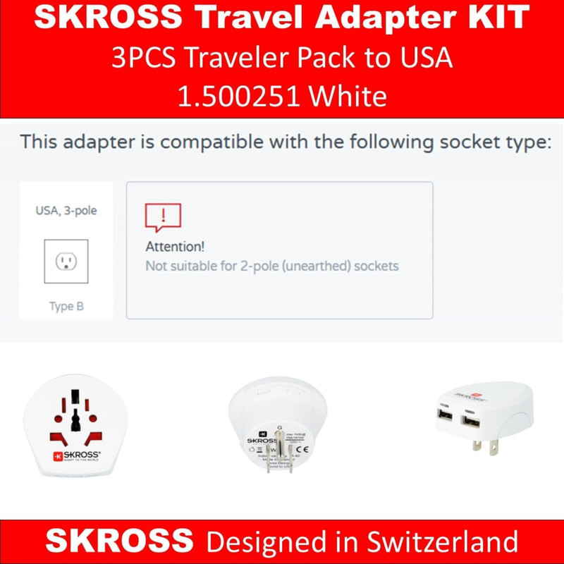 Skross World Travel Adapter Plug Kit Traveller Pack to USA 1.500251 White gallery