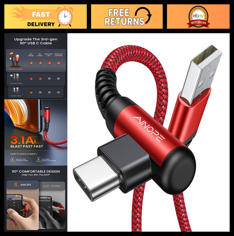 Fast Charging USB Type C Cable 3.1A (2-Pack, 10ft) Right Angle Nylon Braided Red