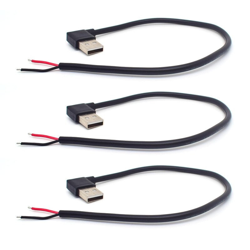 3 PCS USB Pigtail 2 Wire 90 Degree Cable 20AWG 0.3M/1FT USB A Male 2 Pin