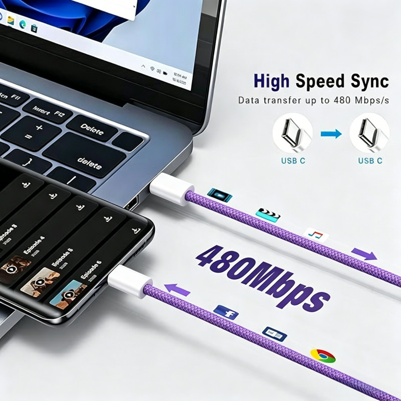 5-Pack USB-C to USB-C Fast Charging Data SYNC Cable Nylon Braided Silver 3ft gallery
