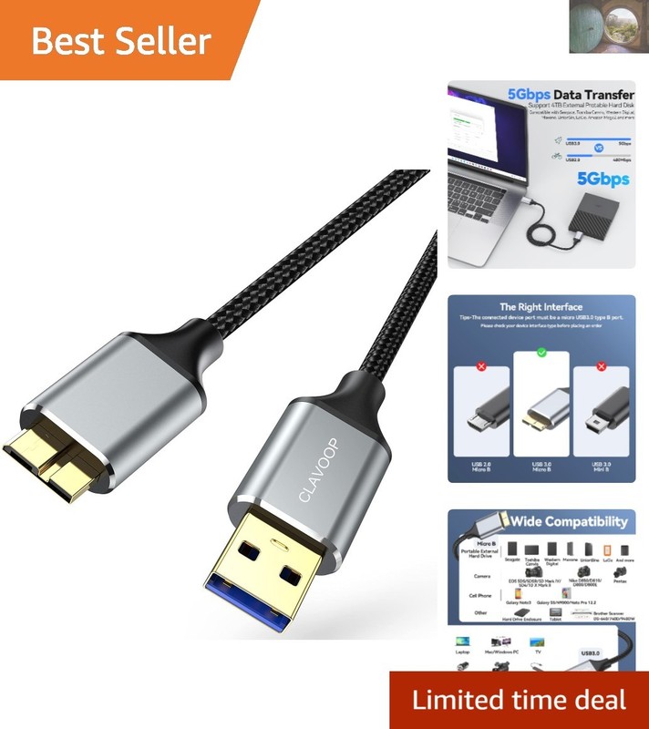 5 Gbps USB 3.0 Micro B Cable 1.5 FT – Versatile Data Cord for Cameras & Laptops