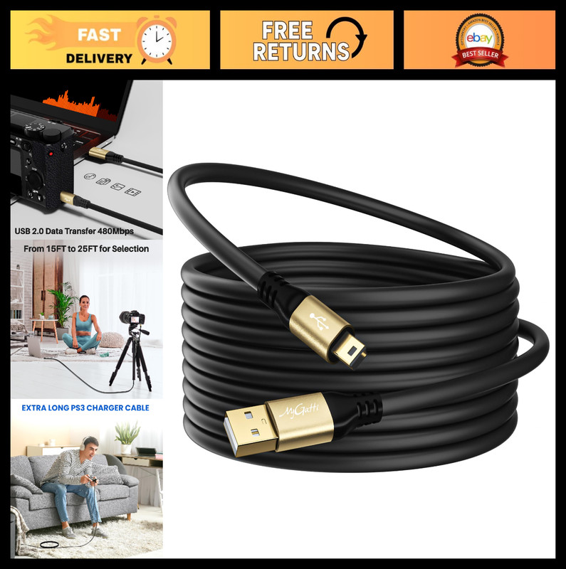25FT Mini USB Cable, Extra Long Type A to Mini B 5Pin, Charging & Data Transfer