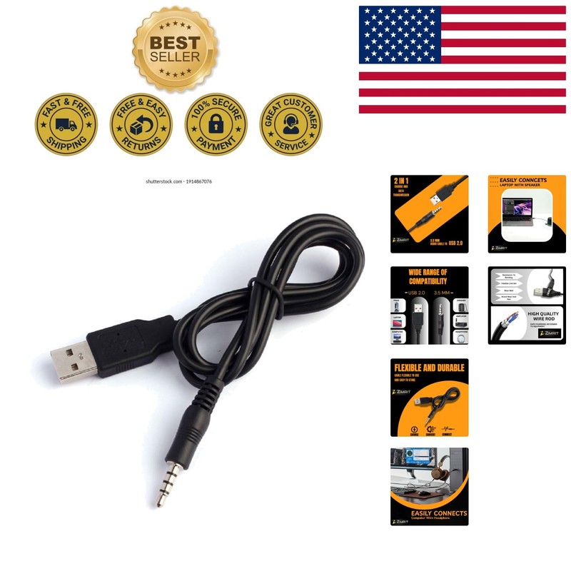 3.5mm Aux to USB Adapter Cable – 3ft for Charging & Syncing with MP3 Players