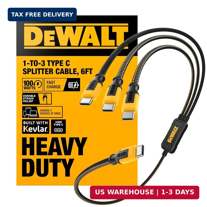 DEWALT 100W Smart USB-C to USB-C Splitter – Data Transfer & Fast Charging, 1-to-